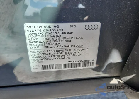 2024 Audi Q8 E-Tron Sportback Prestige from USA, damaged, VIN WA1DAAGE4RB054449